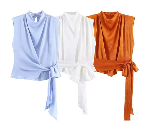 Women Sleeveless Satin Ruched Tie Up Top