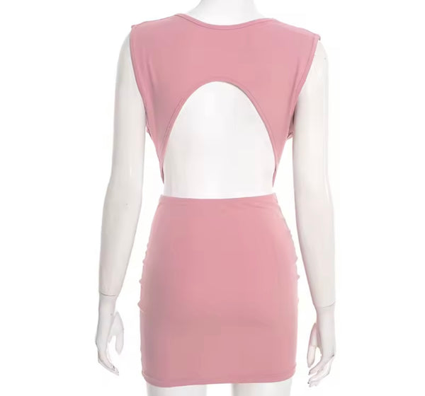 Women Sexy Cut Out Open Back Sleeveless Ruche Dress