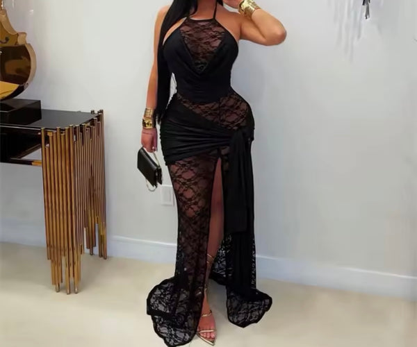 Women Sexy Halter Sleeveless Lace Side Split Maxi Dress