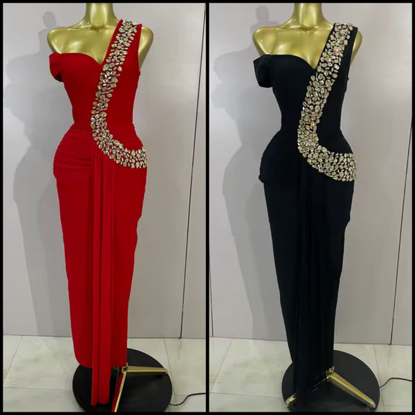 Women Elegant Rhinestone One Shoulder Sleeveless Maxi Dress