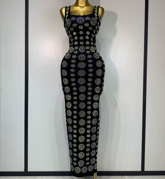 Women Color Bling Rhinestone Sleeveless Sexy Maxi Dress