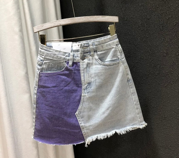 Women Fashion Fringe Color Patchwork Denim Skirt