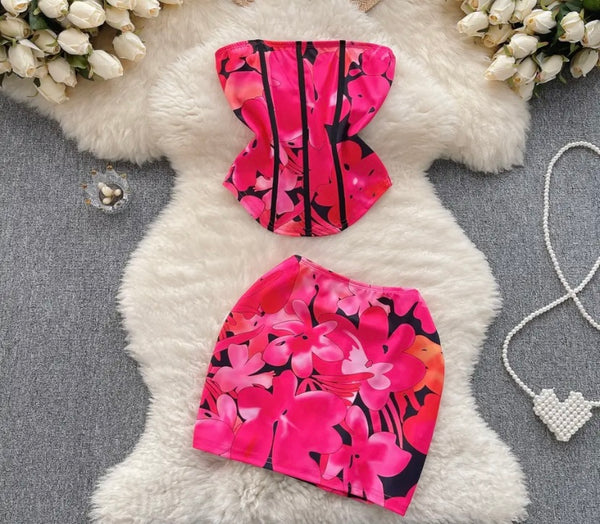 Women Sexy Strapless Colorful Floral Two Piece Skirt Set