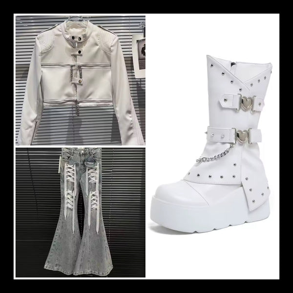 Women Fashion Lace Up Patchwork Denim Pants