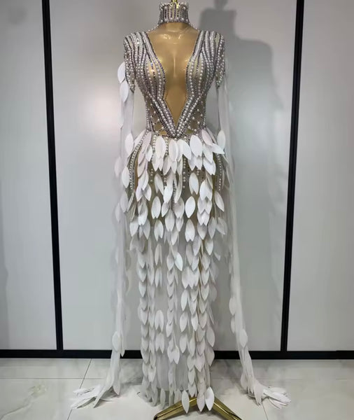 Women Sexy Beaded Feather Mesh Full Sleeve Maxi Dress
