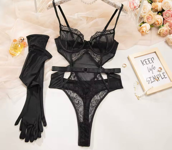 Women Sexy Lace Mesh Glove Bodysuit Lingerie Set