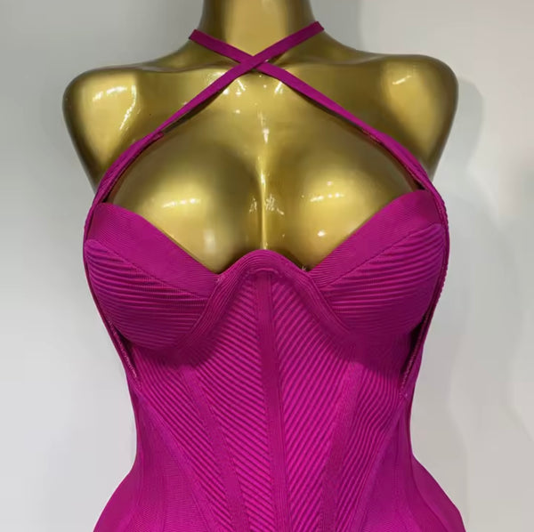 Women Pink Halter Sleeveless Sexy Feather Bandage Dress