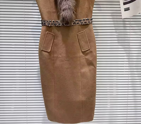 Women Sleeveless Bling Fur Collar Fashion Dress