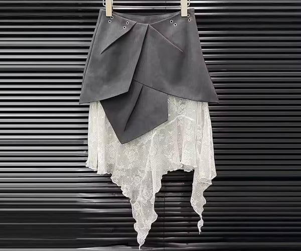 Women Color Patchwork Short Sleeve Two Piece Skirt Set