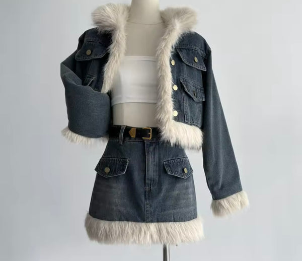 Women Fashion Fur Patchwork Denim Jacket Two Piece Skirt Set