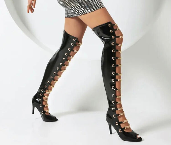 Women Fashion Open Toe Chain Patent Leather Knee High Boots