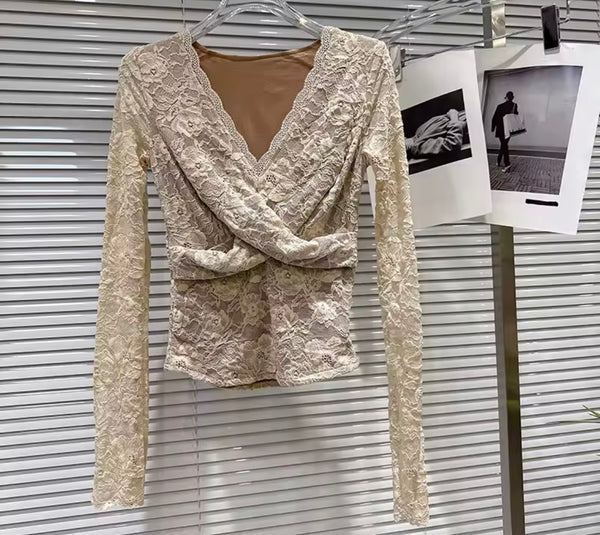 Women Sexy V-Neck Lace Full Sleeve Two Piece Skirt Set