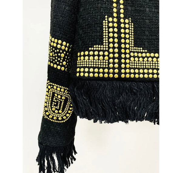 Women Gold Sequins Patchwork Fringe Blazer Jacket