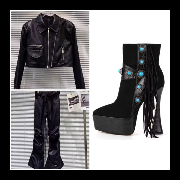 Women Fashion Rivet Faux Leather Ruched Pants