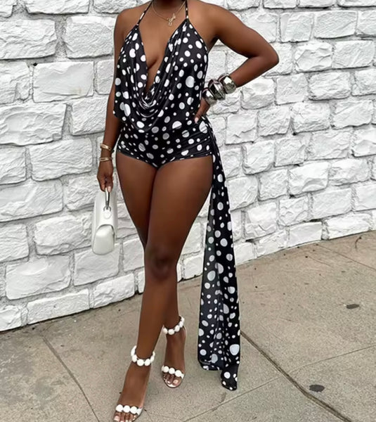 Women Sexy Halter Sleeveless Tassel Polka Dot Two Piece Short Set