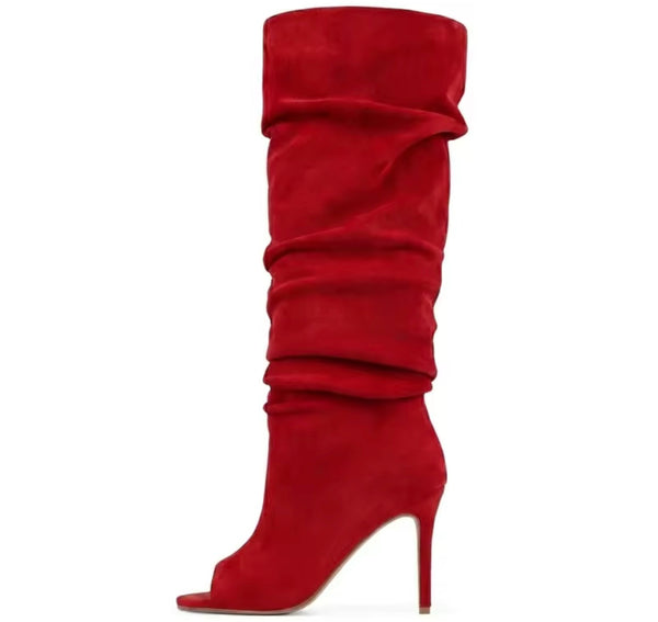 Women Suede Open Toe Fashion Ruched Knee High Boots