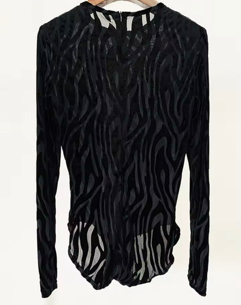 Women Sexy Black Printed See Through Bodysuit Two Piece Pant Set