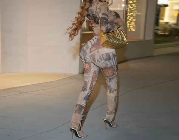 Women Fashion Printed Full Sleeve Mesh Two Piece Pant Set