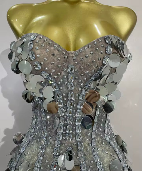 Women Sexy Strapless Sequins Rhinestone Mesh Dress