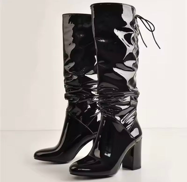 Women Fashion Black Patent Leather/Suede Tie Up Knee High Boots