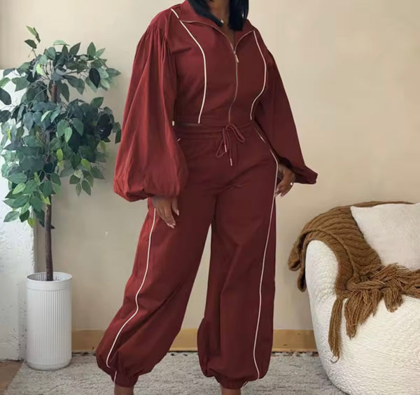 Women Fashion Striped Lantern Zip Up Full Sleeve Two Piece Pant Set