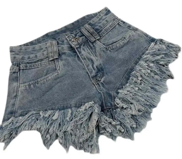 Women Fashion Fringe Color Cross Denim Shorts