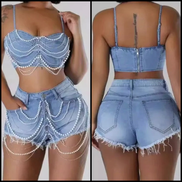 Women Sexy Fashion Sleeveless Bling Pearl Two Piece Denim Short Set