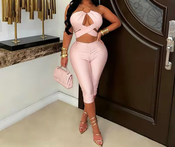 Women Sexy Halter Sleeveless Wrap Crop Two Piece Capri Pant Set