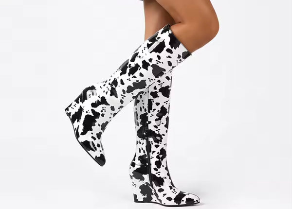 Women Fashion B&W Animal Print Wedge Knee High Boots