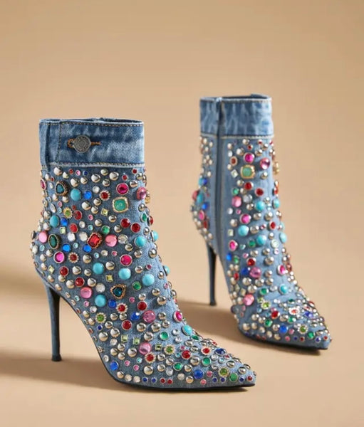Women Colorful Gem Pointed Toe High Heel Denim Ankle Boots