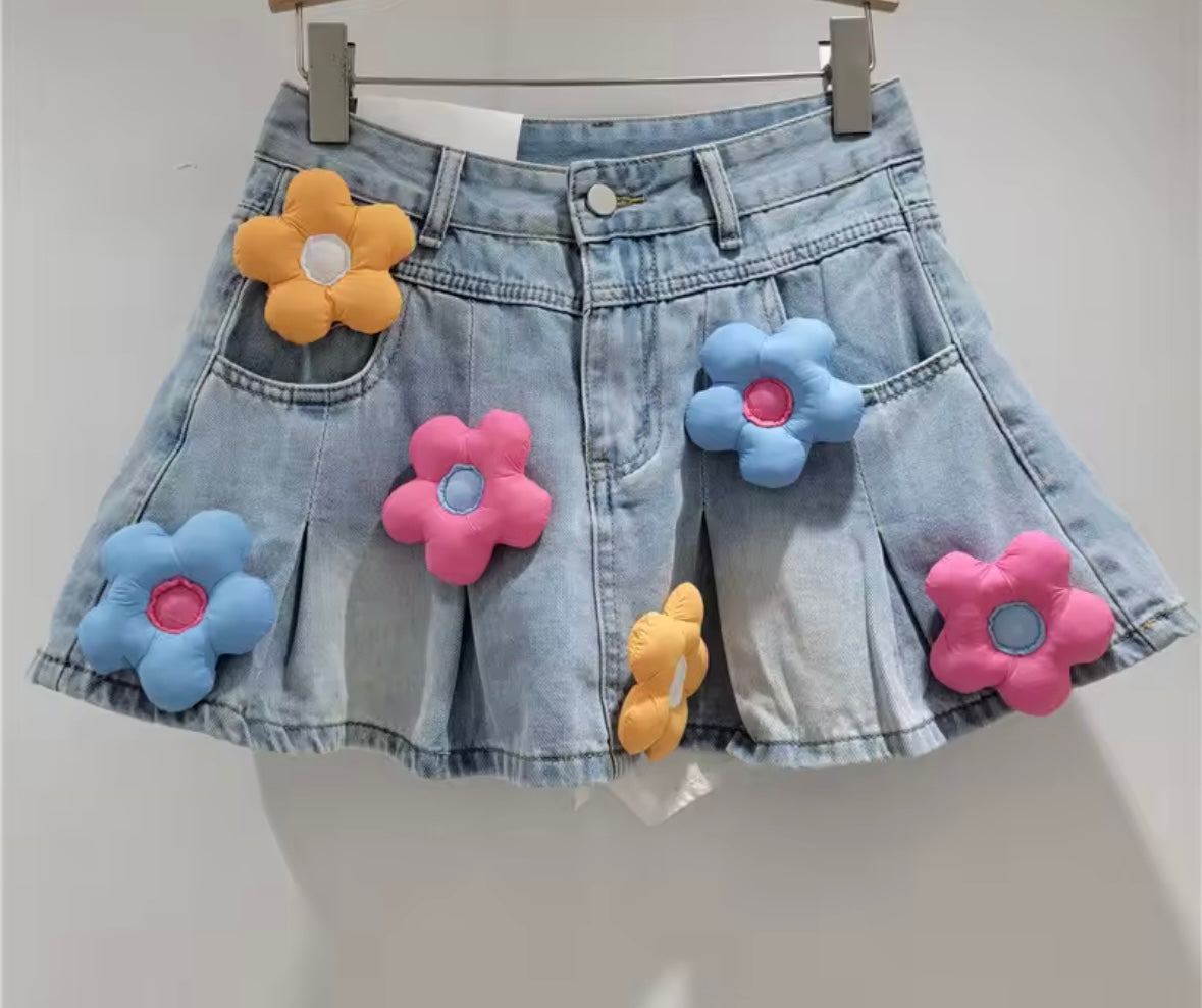 Women Fashion 3D Floral Patchwork Denim Pleated Skirt