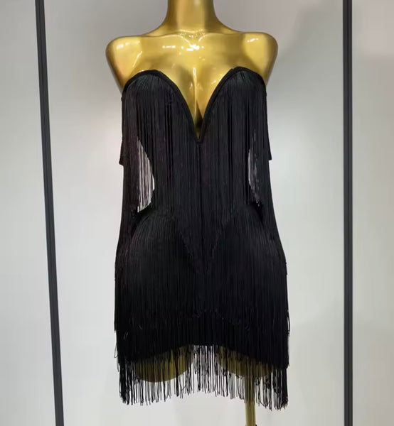 Women Sexy Strapless Solid Color Fringe Tassel Dress