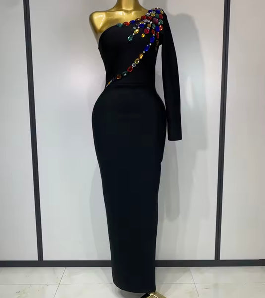 Women Black Color Crystal One Shoulder Full Sleeve Maxi Dress