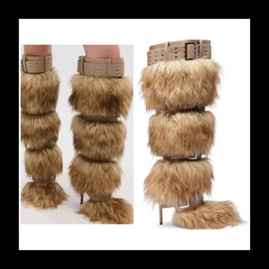 Women Buckled Fashion Faux Fur High Heel Boots