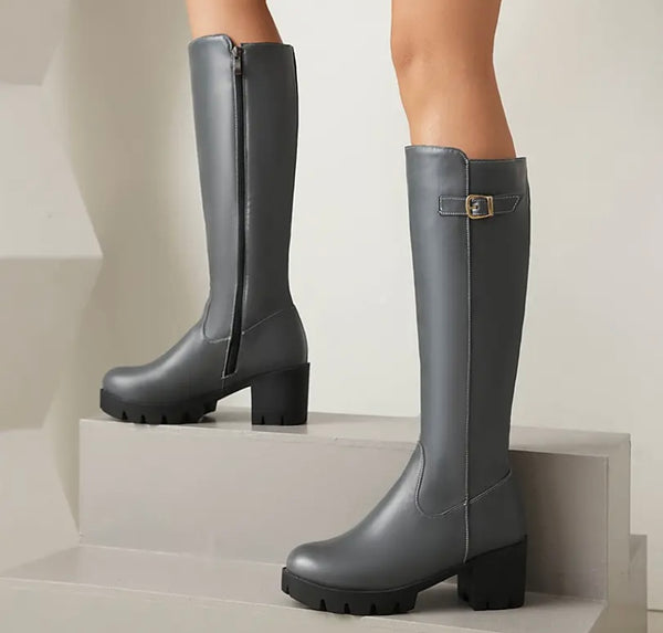 Women Fashion Round Toe Buckled Faux Leather Knee High Boots
