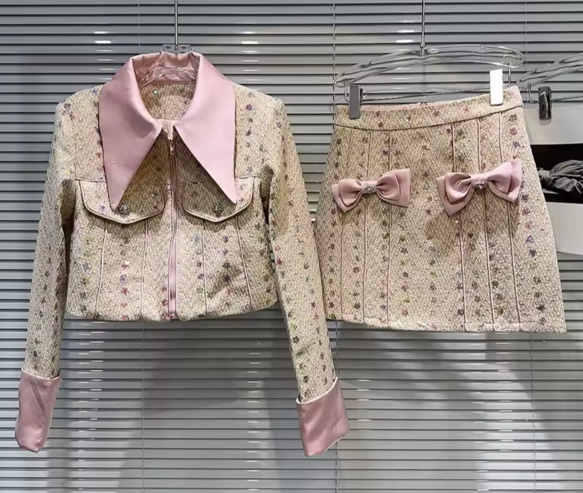 Women Sequins Bow Full Sleeve Blazer Two Piece Tweed Skirt Set