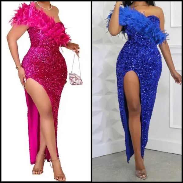 Women Sexy Feather Sequins One Shoulder Side Slit Maxi Dress