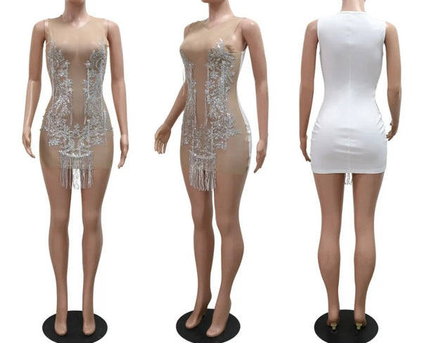 Women Sexy Mesh Bling Sleeveless Tassel Dress