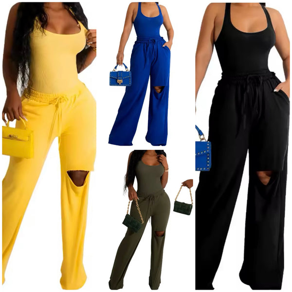 Women Color Sleeveless Bodysuit Two Piece Ripped Pant Set