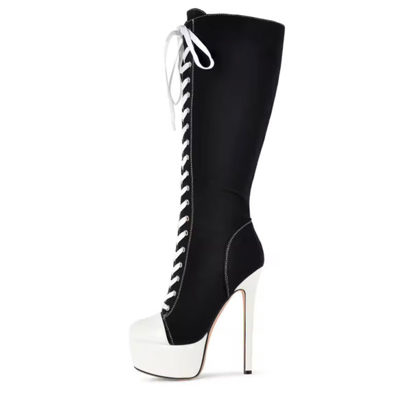 Women Fashion Color Patchwork Platform Tie Up Knee High Boots