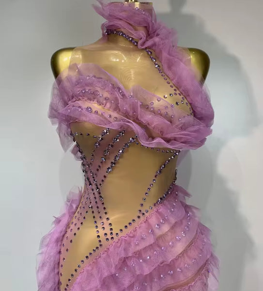 Women Sexy Sleeveless Color Rhinestone Ruffled Mesh Maxi Dress
