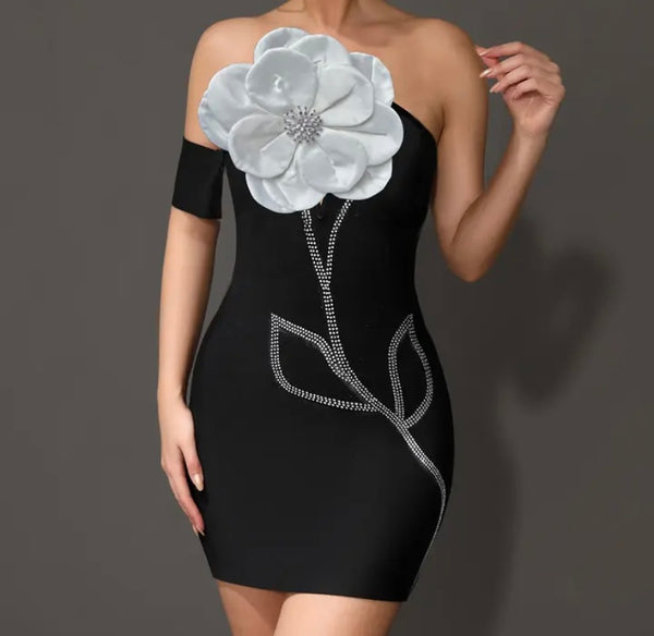 Women Black Sexy Off The Shoulder Floral Bling Dress