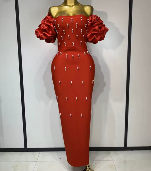Women Sexy Strapless Pearl Patchwork Maxi Dress