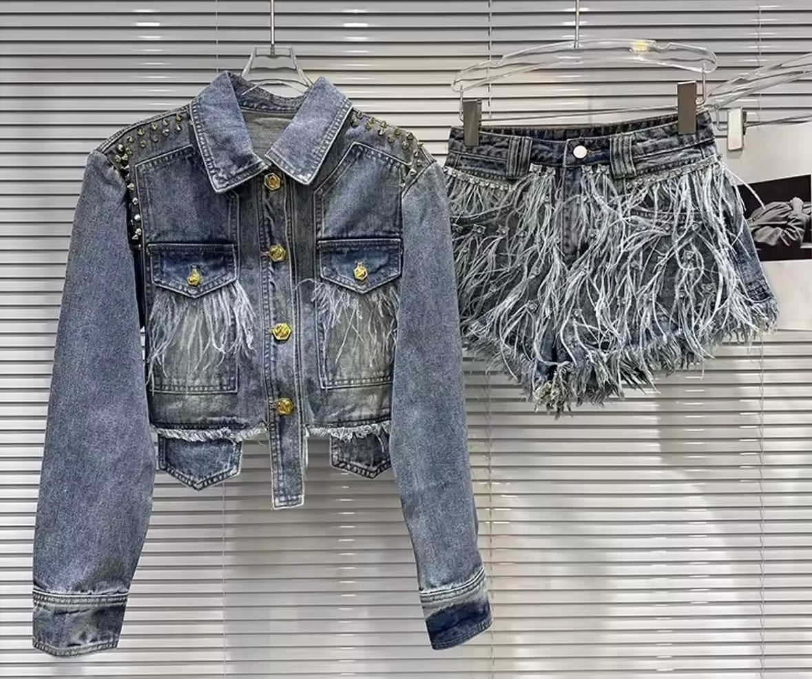 Women Fashion Rivet Feather Denim Jacket Two Piece Short Set