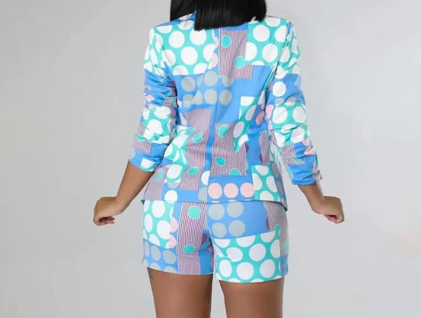 Women Colorful Print Full Sleeve Fashion Blazer Two Piece Short Set