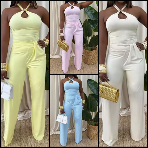 Women Sexy Halter Sleeveless Ruched Jumpsuit
