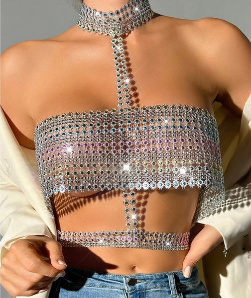 Women Fashion Halter Sleeveless Bling Open Back Crop Top