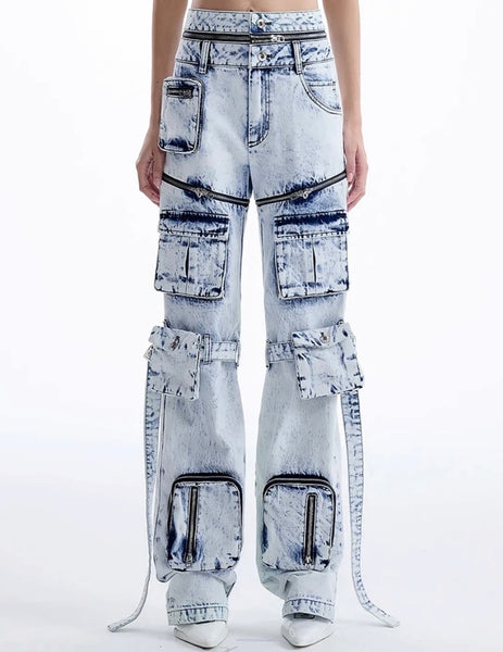 Women Fashion Zipper Detachable Cargo Denim Pants