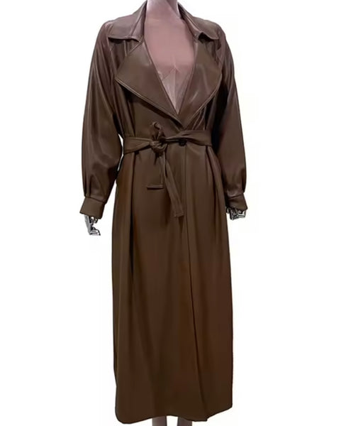Women Fashion Brown Button Belted Faux Leather Trench Jacket