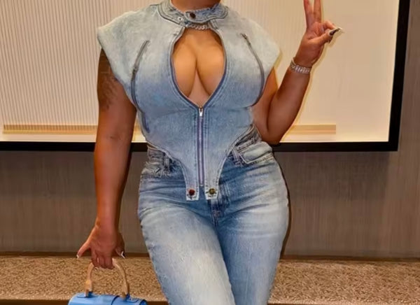 Women Zip Up Sleeveless Denim Top